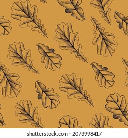 Caída de hojas en otoño. Patrón sin foco de hojas de roble secas. Grabado de colores antiguos, dibujo estilizado. Ilustración vectorial.