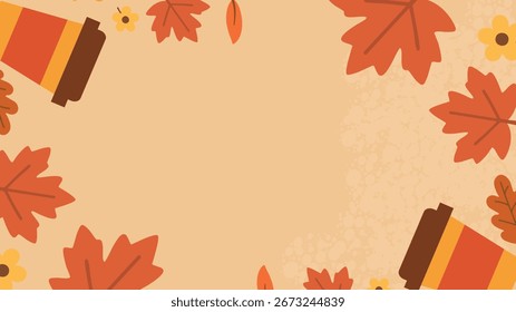 Fall leaves background with coffee cup pumpkin and seasonal autumn border