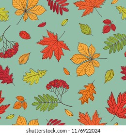 Fall of the leaves. Background with hand drawn leaves. Seamless pattern for textile, wallpapers, gift wrap and scrapbook. Vector illustration.