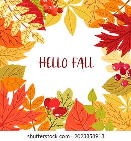 Fall leaves and berries frame, hand drawn flat illustration, simple style
