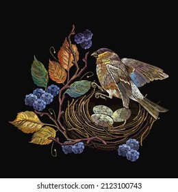 Fall leaves, birds, berries and nest with eggs. Embroidery fashion art, template for design of clothes, t-shirt. Autumn style
