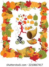 Fall Leaves Border And Illustrations, Empty Cornucopia, Full Cornucopia, Biker Silhouette, Runner Silhouette, Fall Flyer Illustrations With Pumpkins And Leaves