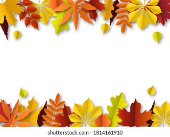 Fall leaves concept. Autumn border with paper cut frame of green, orange and red leaf. Thanksgiving golden foliage decoration. Seasonal botanical elements vector abstract background with copy space
