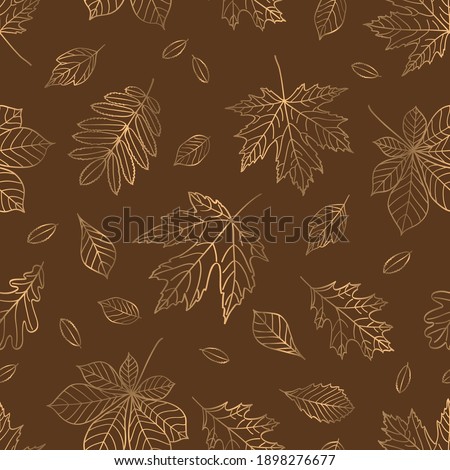Fall of the leaves. Dark brown background with hand drawn gold leaves. Seamless pattern for textile, wallpapers, gift wrap and scrapbook. Vector illustration.