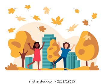 fallen mit fallenden Blättern, Menschen freuen sich im Herbst, Vektorgrafik