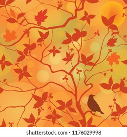 Fall leaves floral seamless pattern. Autumn forest background with bird on branch