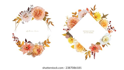 Fall leaves flowers wreath frame set. Autumn wedding invite, Thanksgiving greeting card design. Watercolor vector floral bouquet. Peach yellow rose, dahlia, red berries, orange eucalyptus illustration