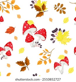 Hojas de otoño y moscas de setas agáricas sin patrón sobre un fondo blanco para la tela, Fondo de pantalla. Ilustración vectorial