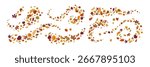 Fall leaves flying, falling in wind. Autumn leaf swirls, spins, motion. Seasonal foliage movement, dynamic flow, whirl. Botanical decoration set. Flat vector illustration isolated on white background