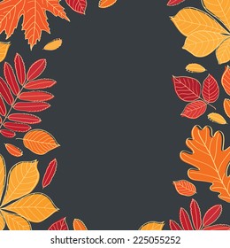 Fall of the leaves. Frame of autumn leaves painted on black chalkboard. Sketch, design elements. Vector illustration.