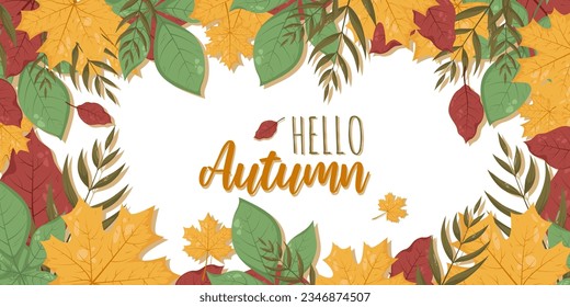 Fall leaves frame with lettering hello autumn. Vector llustration with place for text, photo. Thanksgiving Design element for invitation, card, web, background, social media, banners, flyers.