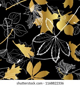 fall leaves gold black seamless pattern