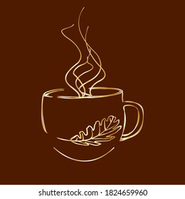 Fall leaves. Golden oak leaf on a cup of coffee. Contour, vector illustration on isolated brown background. Use as a silhouette, as a logo, as a print element.