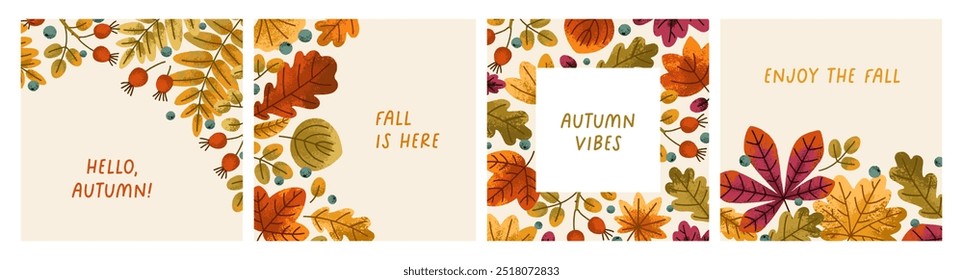 Fall leaves, greeting card designs set. Autumn forest leaf, foliage backgrounds collection. Seasonal autumnal natural square post templates with leaves pattern. Botanical flat vector illustrations