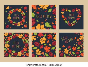 Fall of the leaves. Hello autumn! Leaves are drawn on the chalkboard. Backgrounds with hand drawn autumn leaves. Sketch, design elements. Vector.