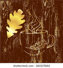 Fall leaves.Oak leaf and a cap of coffee Vector illustration on an isolated background. A symbol of autumn, harvest, herbaria, rains and falling leaves. Use as a silhouette as a logo ,a print element.