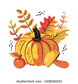 Fall leaves, mushrooms, apples and pumpkin set. Autumn harvest. Great for advertising, design of social networks, websites, children's illustration.1