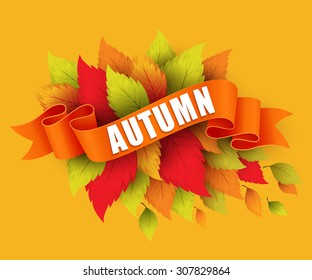  Fall leaves with ribbon banner. Vector illustration EPS 10