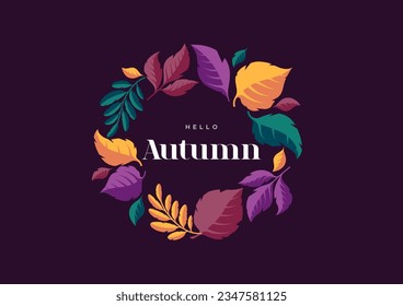Herbst verlässt runde Rahmenkonstruktion. Hallo Herbst. Vektorgrafik von Vintage. Saisonbanner-Vorlage