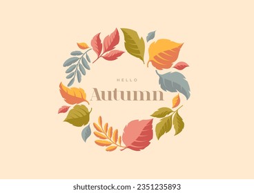 Herbst verlässt runde Rahmenkonstruktion. Hallo Herbst. Vektorgrafik von Vintage. Saisonbanner-Vorlage