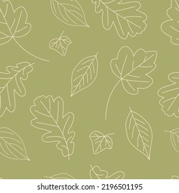 Fall of the Leaves Seamless Autumn Pattern on green background. Seamless Contour Pattern for textile, wallpapers, gift wrap and scrapbook. Vector.