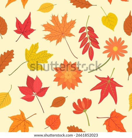 Fall leaves seamless pattern. Autumn foliage vortex repeat design. Hand drawn autumnal background. Dry maple leaf, golden yellow birch, red rowan, etc. Thanksgiving backdrop vector illustration.