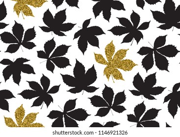 Fall leaves seamless pattern with gold glitter texture. Vector illustration for stylish background, banner, textile, wrapping paper design. Black, white and golden colors.