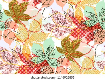 Fall leaves seamless pattern with gold glitter texture. Vector illustration for stylish background, banner, textile, wrapping paper design. Black, white, pink, orange, red, yellow, mint, golden colors