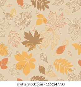 Fall of the leaves. Seamless pattern with hand drawn leaves for textile, wallpapers, gift wrap and scrapbook. Vector illustration.