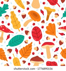 Fall leaves seamless pattern. Hand drawn forest autumn berries, acorns and mushrooms, cozy doodle botanical vector background illustration. Nature background seamless pattern, autumn forest drawing