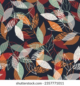 Fall leaves seamless pattern. Leaf silhouettes with doodle, grunge, scribble textures. Vector illustration