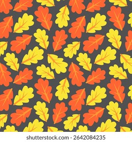 Fall leaves seamless pattern on dark gray background. Use for seasonal wrapping paper, wallpaper, scrapbooking, and thanksgiving crafts.