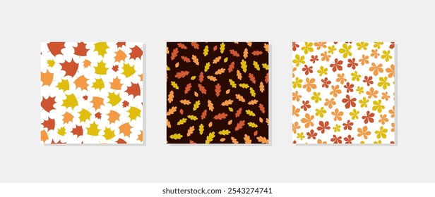 La caída deja patrones sin fisuras. Conjunto de 3 fondo de otoño. Plantilla de Vector para la tela, materia textil, ropa, scrapbooking, papel de embalaje, etc