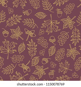 Fall leaves seamless vector background. Beige green leaves on purple background. Acorn, oak tree, maple tree pattern. Doodle leaf print. Fall background, Thanksgiving, Seasonal print, November, paper,