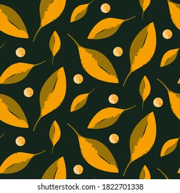 fall leaves seamless vector pattern, autumn foliage with berries, textured seasonal print