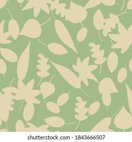 Cae hojas silueta patrón en menta verde y blanco. Diseño de patrones sin fisuras de vectores para textiles, moda, papel, embalaje y marca. 