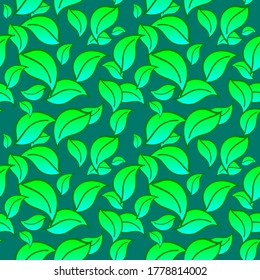 Fondo ecológico, verde oscuro con hojas verdes de neón, fondo amigable con el medio ambiente para el post de blog, medios sociales, página de inicio, fondo de hojas de menta fresca, comida vegana, vector dibujado a mano