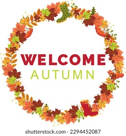 Fall leaves, wreath, birds, rain boots, and pumpkin. Fall season elements perfect for scrapbook, card, poster, invitation, sticker kit. Welcome autumn. Circle frame.