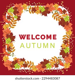 Fall leaves, wreath, birds, rain boots, and pumpkin. Fall season elements perfect for scrapbook, card, poster, invitation, sticker kit. Welcome autumn. Decorative frame.