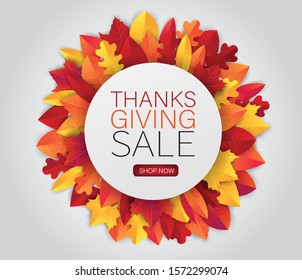 Fall leaves wreath with a circle banner for text. Autumn sale promo. Vector illustration.
