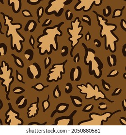 Fall Leopard or jaguar seamless pattern made of oak leaves. Trendy animal print with autumn colors. Vector background for fabric, textile, wallpaper, wrapping paper, etc. 