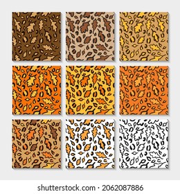 Fall Leopard or jaguar seamless pattern made of oak leaves. Trendy animal print with autumn colors. Set of vector backgrounds for fabric, textile, wallpaper, wrapping paper, etc. 