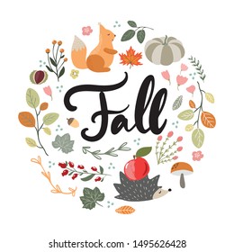 Fall lettering and hand drawn autumn elements, floral and tree branches, hedgehog and squirrel animals, flowers and pumpkin