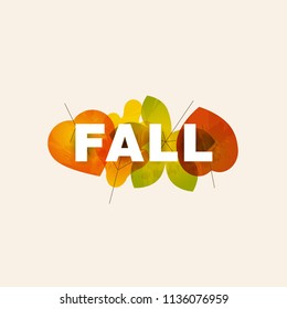 Fall lettering illustration made from colorful leaves isolated on light background. Easy to use for print and web promotion.