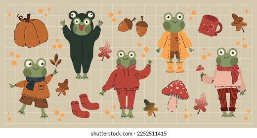 Fall little frogs in cozy clothes and warm colors. Fully editable stickers sheet, EPS vector file. 