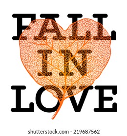 Fall In Love - Autumn Sale Poster With Leaf Heart Shape And Simple Text On White Background, Vector Illustration.