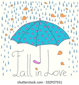 Fall in Love autumn vector illustration with umbrella
