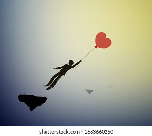 fall in love concept, boy silhouette holds the red heart shaped balloon and flying up to sun, dreamer concept, shadow story vector