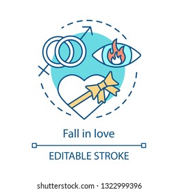 Fall in love concept icon. Romantic relationship idea thin line illustration. Dating. Flame in eye. Gender symbols. Female, male signs. Heart with bow. Vector isolated outline drawing. Editable stroke