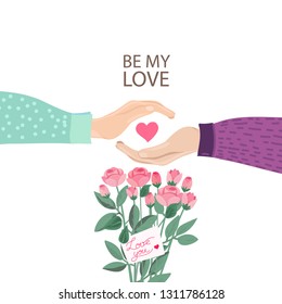 Fall in Love Couple Hands With rose bouquet and note Love you.Cute poster,14 th February card.Vector illustration of a couple in love. Flyers, invitation, poster, brochure, banner.